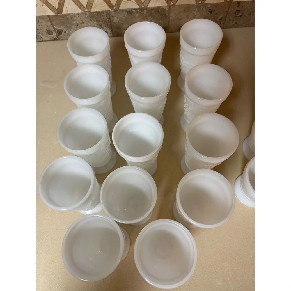 Vintage White Milk Glass Grape Harvest Footed Tumblers Sherbet Cups Set of 14